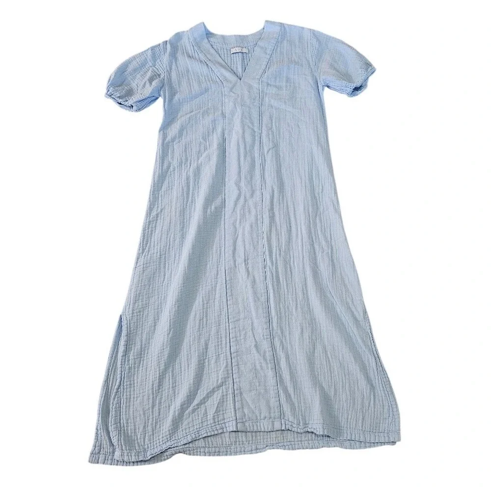LAKE Pajamas Women Blue Double Gauze Cotton V-Neck Midi Nightgown Dress Small